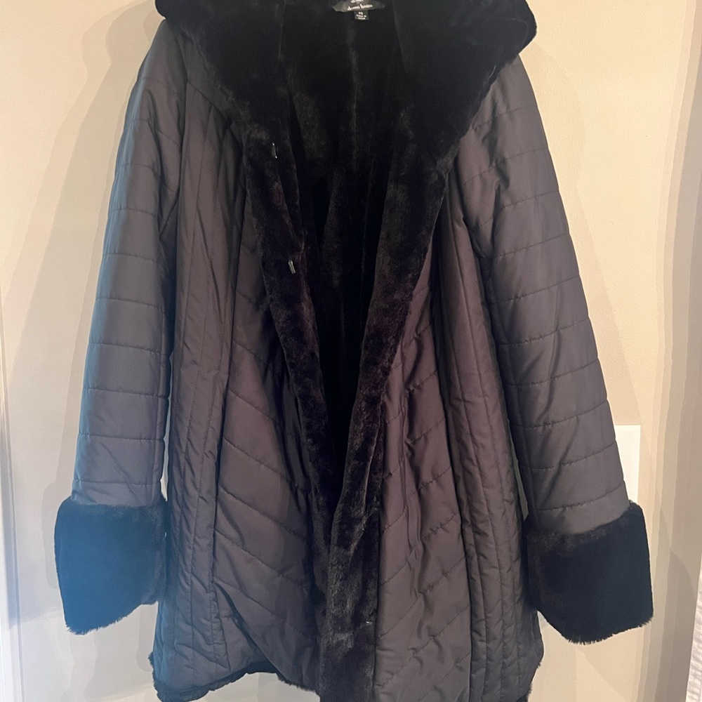 Dennis Basso Black Puffer Coat with Faux Fur